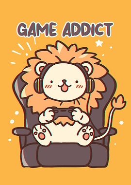 Cute Lion Gamer Cartoon Illustration