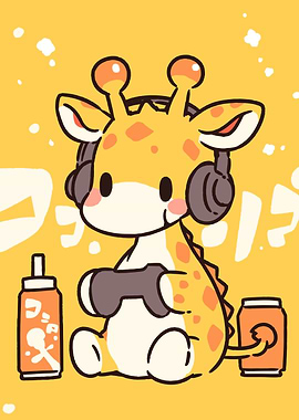 Cartoon Giraffe Gamer with Drinks