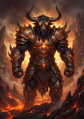 Armored Minotaur in Volcanic Landscape