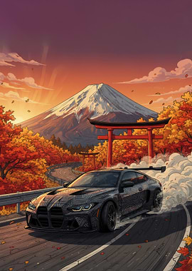 Drifting car with Mount Fuji backdrop
