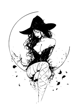 Monochrome Witch on Crescent Moon