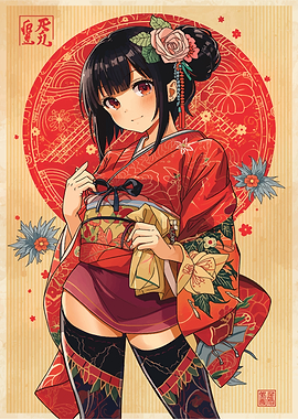 minimalist : Anime Girl in Kimono with Floral Accents