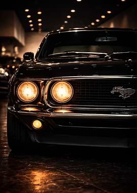 Classic Black Mustang Car Close-Up