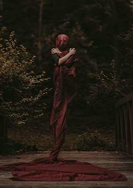 Figure in Red Fabric on Wooden Bridge