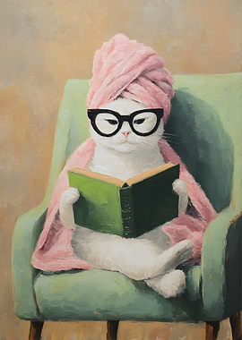 Cat reading a book in chair