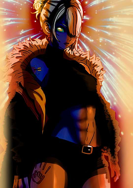 Blue-skinned woman with tattoos and fur