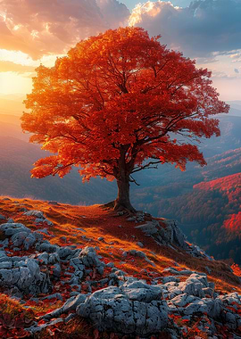 Autumn Tree on Mountain Peak