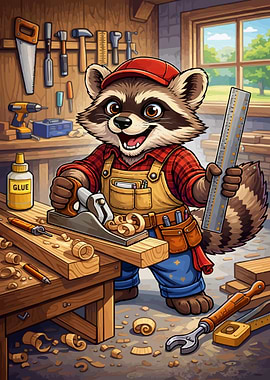 Cartoon Raccoon Carpenter in Workshop