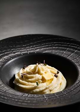 Mashed potatoes in a black bowl