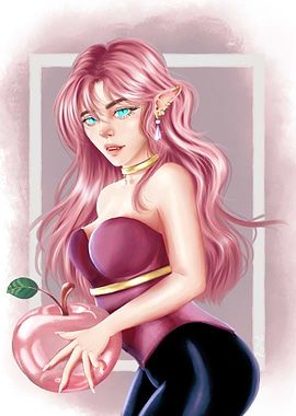 Pink-haired vampire with Apple Digital Art