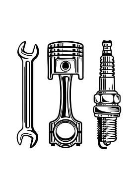 Automotive Tools Black and White Illustration
