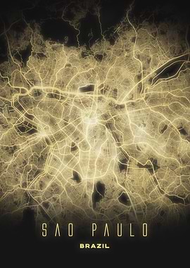 São Paulo, Brazil - Luminous Streets Map Poster, Modern Metal Wall Art