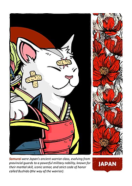 Samurai Cat Illustration with Floral Accent
