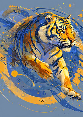 Abstract Tiger Art with Clock Elements