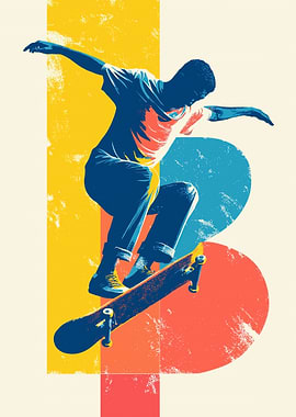 Skateboarder in Action with Geometric Shapes