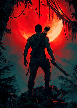 Warrior in Jungle with Red Moon