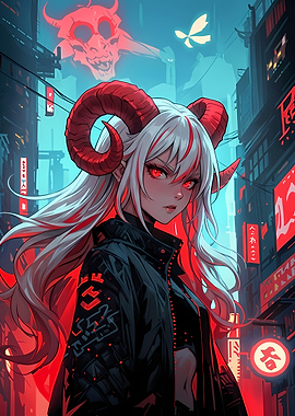 Anime Girl with Horns in Cityscape
