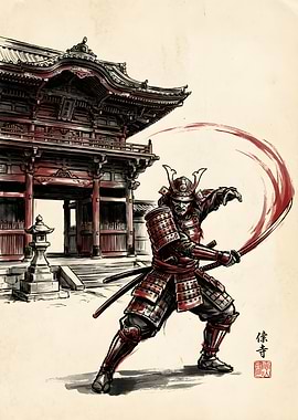 Samurai Warrior in Front of Temple