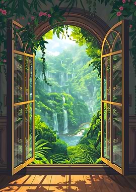 Open Window to Lush Waterfall Landscape