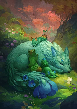 Fantasy Wolf with Cubs in Forest