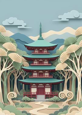 Japanese Pagoda in Paper Cut Style