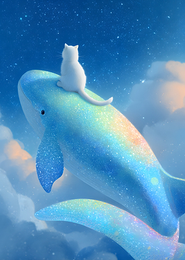 Cat riding a sparkling whale