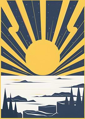 Minimalist Landscape with Sun and Stars