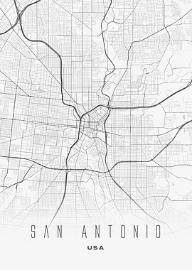 San Antonio, Texas - Minimal White City Map, USA Wall Art Print