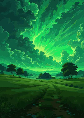 Green Landscape with Glowing Sky