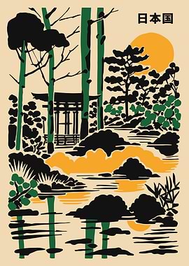 Japanese Garden Illustration with Torii Gate