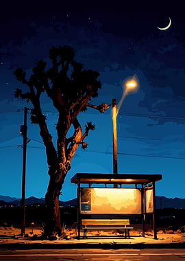Night Bus Stop Under Crescent Moon