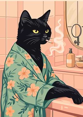 Smoking Cat in Robe Illustration