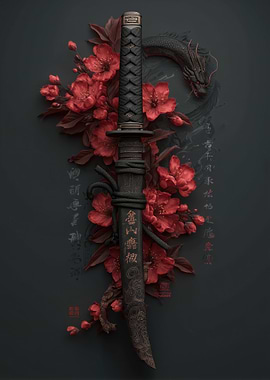 Katana with Red Flowers and Dragon