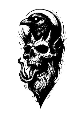 Raven and Skull Black Ink Illustration
