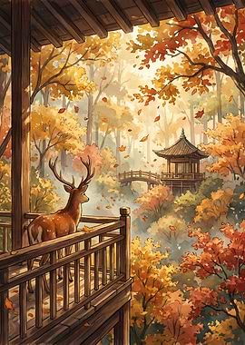 Autumn Deer Gazing at Japanese Pagoda