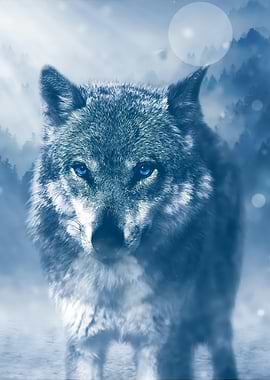 Blue Wolf Portrait in Winter Forest