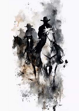 Cowboys on Horseback Watercolor Painting