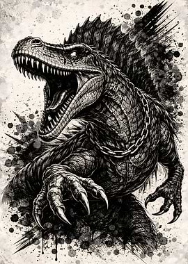 Monochrome Dinosaur with Chain Illustration