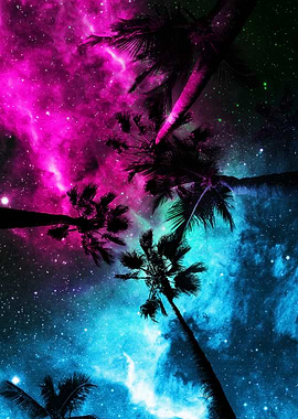 Palm Trees Against a Colorful Nebula