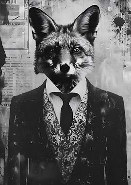 Fox in Suit Black and White