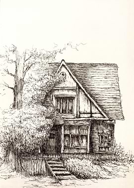Pen and Ink House Tree Drawing