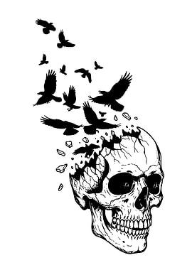 Skull with Birds Black and White