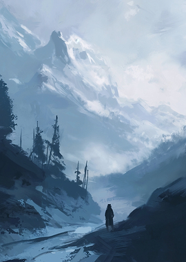 Winter Mountain Landscape with Lone Figure