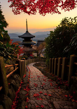 Japanese Pagoda and Autumn Leaves