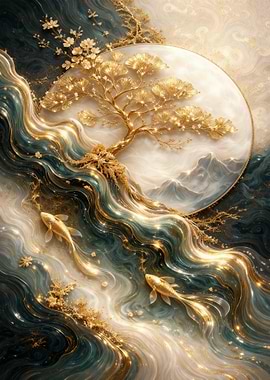 Golden Koi Fish and Bonsai Tree