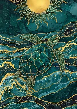 Sea Turtle in Teal and Gold