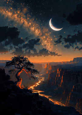Grand Canyon at Night with Crescent Moon
