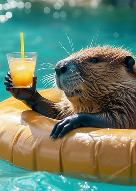Beaver Relaxing with Drink in Pool