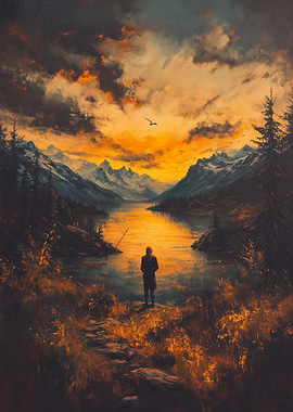Fisherman at Lake with Mountain View
