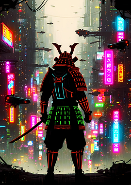 Cyberpunk Samurai in Futuristic Cityscape